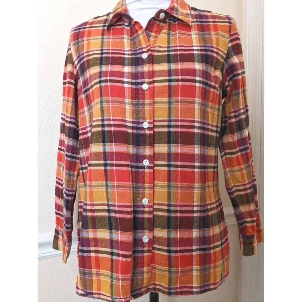 Coldwater Creek Women Cotton Flannel Plaid Button Down Shirt Fall Colors Sz PS
